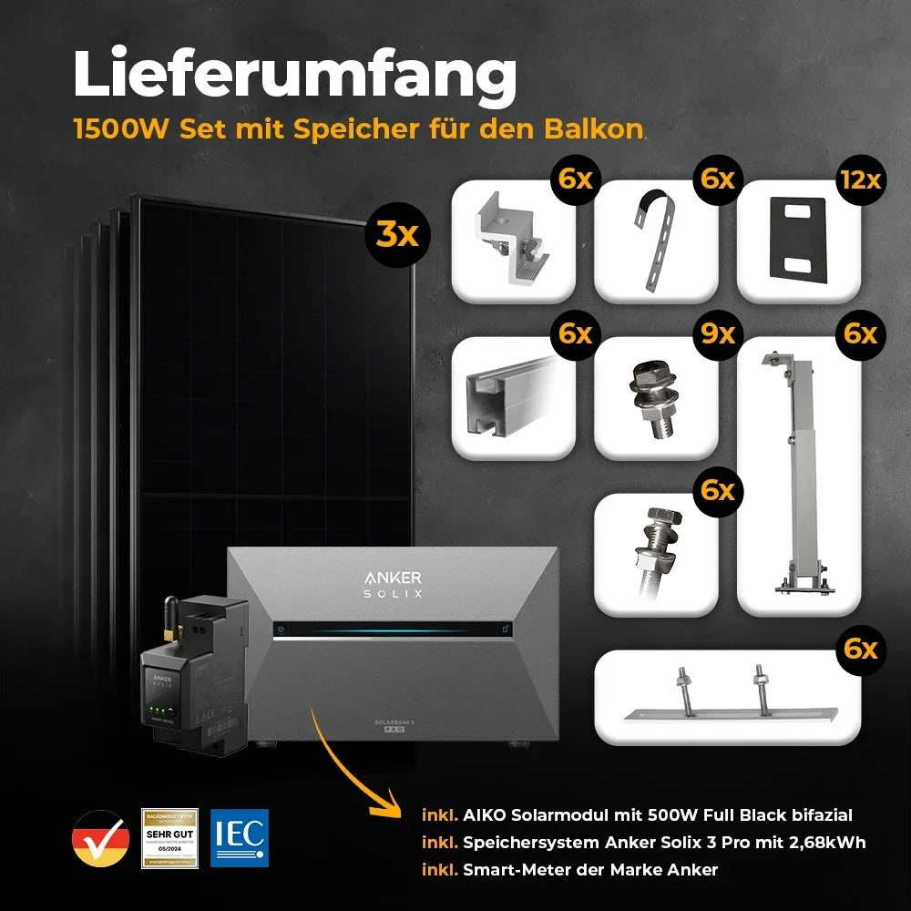 Balkonkraftwerk 1500W mit Speicher Anker SOLIX 3 Pro – Komplettset Gitterbalkon