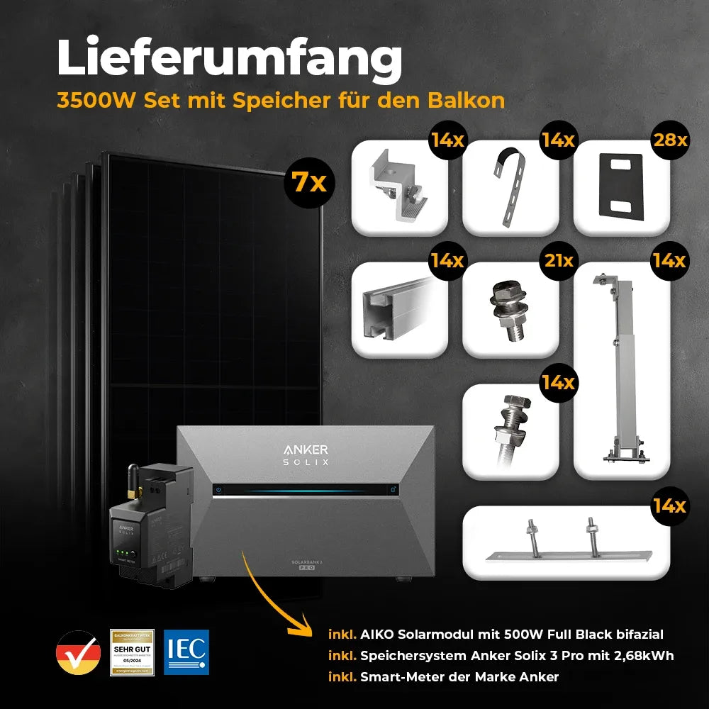 Solarkraftwerk 3500W mit Speicher Anker SOLIX 3 Pro - Komplettset Gitterbalkon