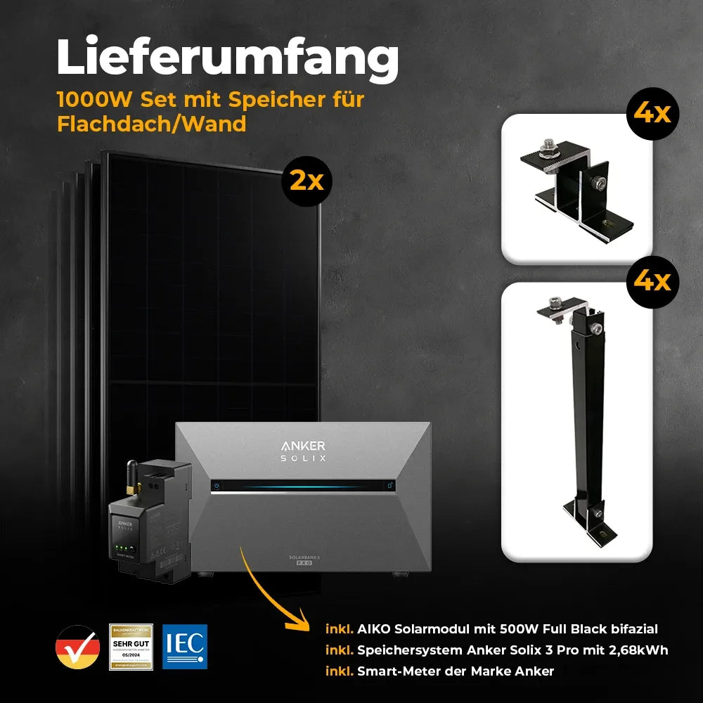 Balkonkraftwerk 1000W/800W mit Speicher Anker SOLIX 3 Pro - Komplettset Wandmontage