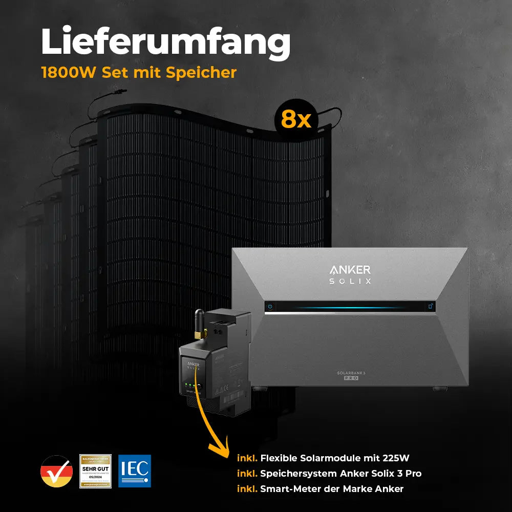 Balkonkraftwerk 1800W mit flexiblen Solarmodulen mit Speicher Anker SOLIX 3 Pro - Set