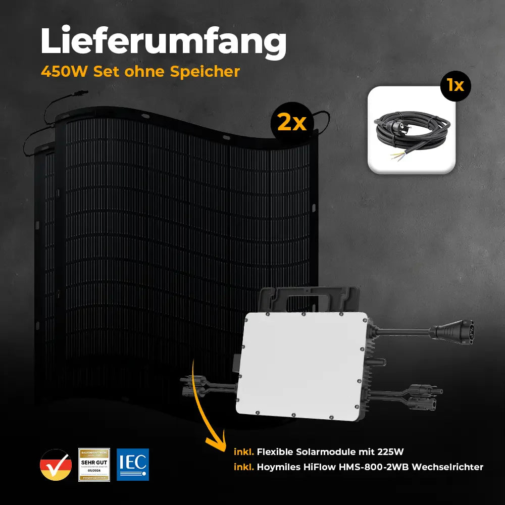 Balkonkraftwerk 450W mit flexiblen Solarmodulen ohne Speicher - Set
