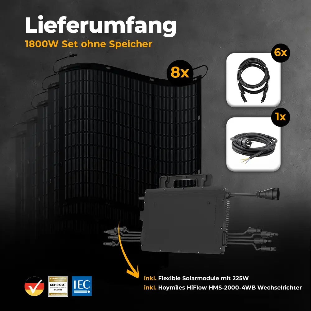 Balkonkraftwerk 1800W mit flexiblen Solarmodulen ohne Speicher - Set